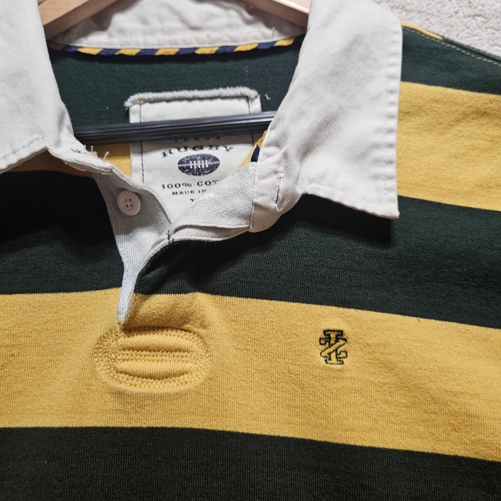 IZOD Mens Rugby Shirt XXL Long Sleeve Striped Green Yellow Cotton Heavyweight - Picture 3 of 15